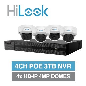 HILOOK, 4 channel HD-IP dome 4MP kit, Includes 1x NVR-104MH-K/4P-3T 4ch POE 'K Series' NVR w/ 3TB HDD & 4x IPC-D140H-M-2.8 4MP IP IR dome cameras w/ 2.8mm fixed lens