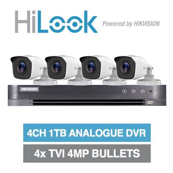 HILOOK/HIKVISION, 4 channel HD-TVI 4MP bullet kit, Includes 1x iDS-7204HUHI-M1/S-1T 4ch Analogue HD DVR, 4x 4MP TVI IR bullet cameras w/ 2.8mm fixed lens & 12V DC PSU