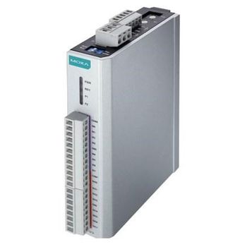 MOXA, Remote Ethernet Input/Output module, 2x RJ45 ports (IN/OUT), 8 inputs/8 outputs, DIN rail mount, 12-36V DC.