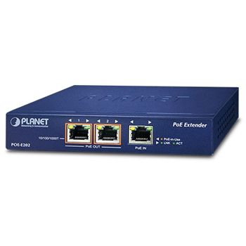 PLANET, Poe Extender/Splitter, Extends Ethernet network distance by 100m, 1x POE In /2x POE Out (10/100/1000), up to 25 watts per port, powered by POE.