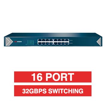 HIKVISION, 16 Port Gigabit ethernet network switch, Non-POE, Non-managed, 16x 10/100/1000Mbps ports, RJ45 ports, Supports ADI/ADIX, 32 Gbps switching capacity