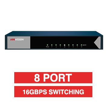 HIKVISION, 8 Port Ethernet network switch, non-POE, Non-managed, 8x 10/100/1000Mbps ports, RJ45 ports, Supports ADI/ADIX, 16 Gbps switching capacity, steel case.