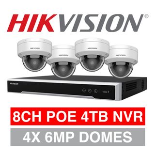 HIKVISION, 8 channel HD-IP 6MP dome kit, Includes 1x DS-7608NI-M2-8P-4T 8ch POE NVR w/ 4TB HDD & 4x DS-2CD2166G2H-ISU-2.8 6MP IP IR dome cameras w/ 2.8mm fixed lens
