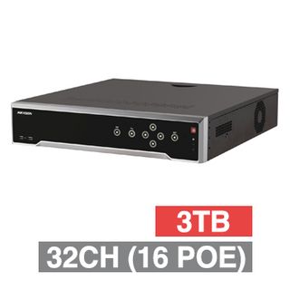 HIKVISION, HD-IP PoE NVR, 32 channel (16 ch POE (IEEE 802.3af/at)), 256Mbps bandwidth, 1x 3TB SATA HDD (4x 10TB max), VMD, Ethernet, 2x USB2.0 & 1x USB3.0, 1 Audio In/Out, HDMI/VGA