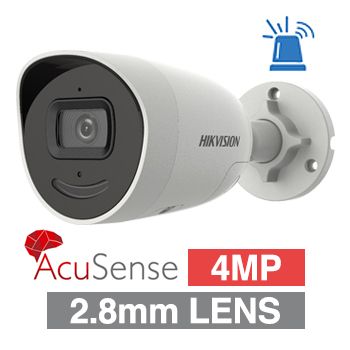 HIKVISION, 4MP AcuSense G2 HD-IP outdoor Mini Bullet camera w/ 2-way audio, strobe & audible alarm (LiveGuard), White, 2.8mm fixed lens, 40m IR, WDR, Microphone, IP67, 12V DC/POE