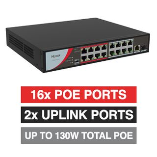 HILOOK, 16 Port Ethernet POE network switch, Unmanaged, 16x 10/100Mbps PoE ports, 1x 10/100/1000Mbps Uplink port, 1x 1000M SFP, Max port output 8.45W power, Total POE power up to 130W, IEEE802.3af,