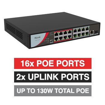 HILOOK, 16 Port Ethernet POE network switch, Unmanaged, 16x 10/100Mbps PoE ports, 1x 10/100/1000Mbps Uplink port, 1x 1000M SFP, Max port output 8.45W power, Total POE power up to 130W, IEEE802.3af,