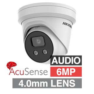 HIKVISION, 6MP AcuSense G2 HD-IP Outdoor Turret camera with strobe, audible alarm & 2 way audio, White, 4.0mm fixed, 30m IR, WDR, 1/2.4" CMOS, H.265/H.265+, IP67, Tri-axis, 12V DC/PoE