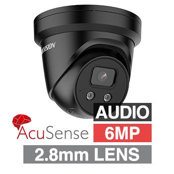 HIKVISION, 6MP AcuSense G2 HD-IP outdoor Turret camera w/ 2-way audio, strobe & audible alarm (LiveGuard), Black, 2.8mm fixed lens, 30m IR, WDR, Microphone, I/O (Alarm & Audio), IP67, 12V DC/POE