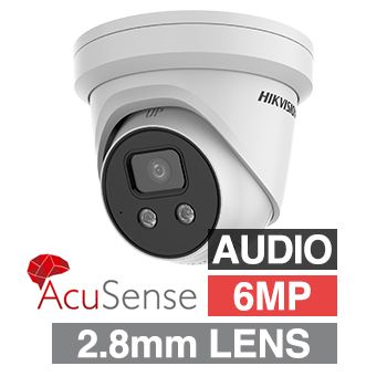 HIKVISION, 6MP AcuSense G2 HD-IP outdoor Turret camera w/ 2-way audio, strobe & audible alarm (LiveGuard), White, 2.8mm fixed lens, 30m IR, WDR, Microphone, I/O (Alarm & Audio), IP67, 12V DC/POE