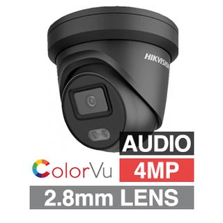 HIKVISION, 4MP ColorVu HD-IP Outdoor Turret camera, Black, 2.8mm fixed lens, F1.0, 30m White LED, WDR, Day/Night (ICR), 1/1.8" CMOS, H.265/H.265+, IP67, Tri-axis, Audio, Built-in microphone,12V DC/PoE