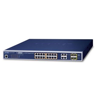 PLANET, 16 Port Gigabit POE Managed non stackable switch, 16 Ports Gigabit 30.8 Watt IEEE 802.3at, 4 port combo Gigabit TP/SFP, 19" 1 RU rack mounting, 220W output max.