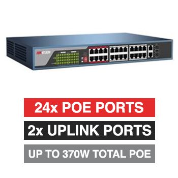 HIKVISION, 24 Port Ethernet POE network switch, Non-managed, 24x 10/100Mbps PoE ports + 2x Gigabit RJ45 & 2x SFP Uplink ports (Shared), Max port output 30W power, Total POE power up to 370W