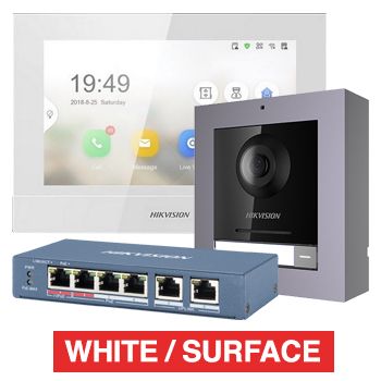 HIKVISION, IP Intercom Kit, Includes 1 x DS-KH6320-WTE1/WHITE 7" room station, 1 x DS-KD8003-IME1 door station module, 1x DS-KD-ACW1 surface mount backbox/frame & 1x DS-3E0106HP-E POE switch