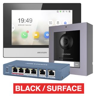 HIKVISION, IP Intercom Kit, Includes 1 x DS-KH6320-WTE1/BLACK 7" room station, 1 x DS-KD8003-IME1 door station module, 1x DS-KD-ACW1 surface mount backbox/frame & 1x DS-3E1106HP-EI POE switch
