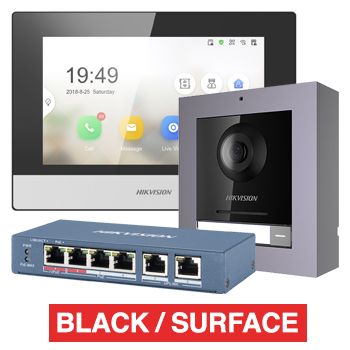 HIKVISION, IP Intercom Kit, Includes 1 x DS-KH6320-WTE1/BLACK 7" room station, 1 x DS-KD8003-IME1 door station module, 1x DS-KD-ACW1 surface mount backbox/frame & 1x DS-3E1106HP-EI POE switch