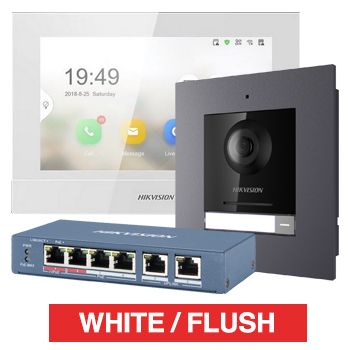 HIKVISION, IP Intercom Kit, Includes 1x DS-KH6320-WTE1/WHITE 7" room station, 1x DS-KD8003-IME1 door station module, 1x DS-KD-ACF1/PLASTIC flush mount backbox/frame & 1x DS-3E0106HP-E POE switch