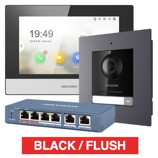 HIKVISION, IP Intercom Kit, Includes 1x DS-KH6320-WTE1 7" room station, 1x DS-KD8003-IME1 door station module, 1x DS-KD-ACF1/PLASTIC flush mount backbox/frame & 1x DS-3E1106HP-EI POE switch