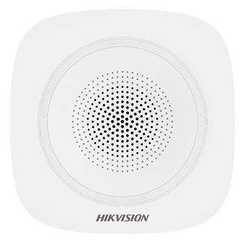 HIKVISION, AX Pro, Wireless Indoor sounder, White with Blue indicator, 433MHz, Two-way, Configurable arm/disarm, 3 Alarm sounds, 90-110 dB, 12V DC or 3x CR123A (not incl.) powered
