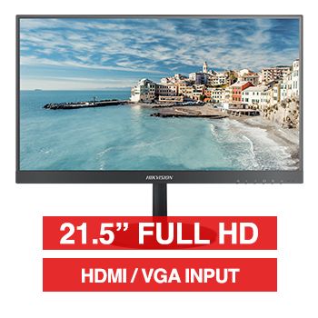 HIKVISION, 21.5" LED 16:9 Colour Monitor (Black), Full HD 1920x1080 resolution, 6.5ms response, 3000:1 contrast ratio, HDMI/VGA input, 75x75 VESA mount, Includes Desk stand & 1m HDMI lead