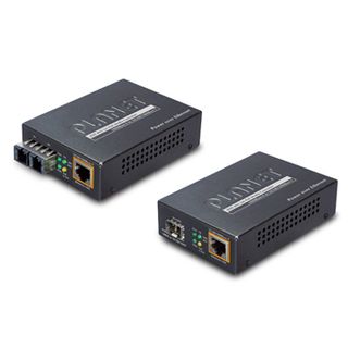 PLANET, Fibre converter, 10/100/1000 Mbps, POE to 100/1000 base-SX fibre, Single Mode or Multi Mode, SFP connectors, Includes power supply.