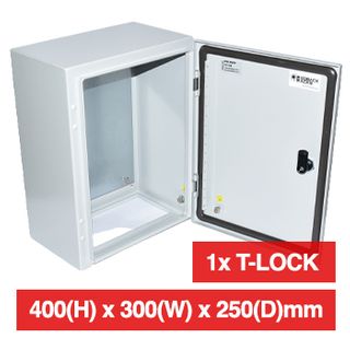 PSS, Enclosure, Metal, White, Weather resistant, IP66 & IK10 rated, 400(H) x 300(W) x 250(D)mm, Includes T- Lock cabinet lock, keyed locks are optional (STP-K2).