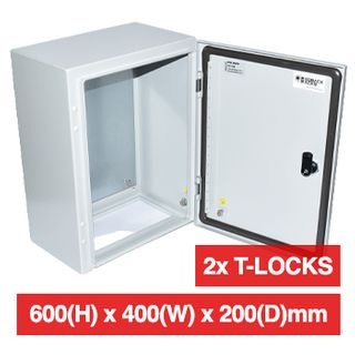 PSS, Enclosure, Metal, White, Weather resistant, IP66 & IK10 rated, 600(H) x 400(W) x 200(D)mm, Includes 2X T- Lock cabinet lock, keyed locks are optional (STP-K2).