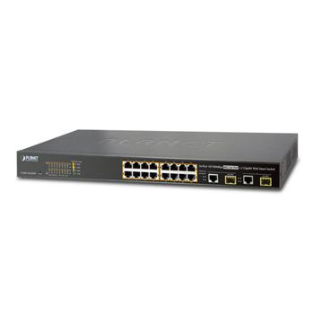 PLANET, 16 Port 10/100 POE Web Smart switch, +2 Gbit Ports 30.8 Watt, +2 mini GBIC/SFP slots, 19" 1 RU rack mounting, 240W output max.