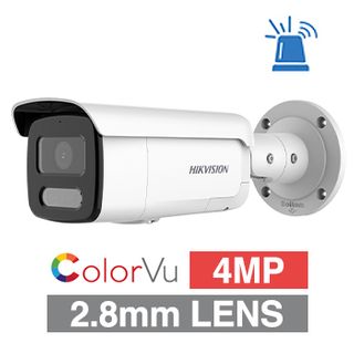 HIKVISION, 4MP ColorVu G2 HD-IP outdoor Bullet camera w/ 2-way audio, strobe & audible alarm (LiveGuard), White, 2.8mm fixed lens, 60m White LED, WDR, Microphone, I/O (Alarm & Audio), IP67, 12V DC/POE