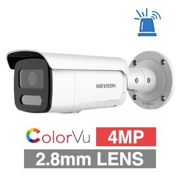 HIKVISION, 4MP ColorVu G2 HD-IP outdoor Bullet camera w/ 2-way audio, strobe & audible alarm (LiveGuard), White, 2.8mm fixed lens, 60m White LED, WDR, Microphone, I/O (Alarm & Audio), IP67, 12V DC/POE