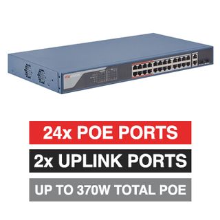 HIKVISION, 24 Port Smart Managed POE network switch, 24x 10/100Mbps PoE ports + 2x Gigabit RJ45 & 2x SFP Uplink ports (Shared), Max port output 30W power, Total POE power up to 370W