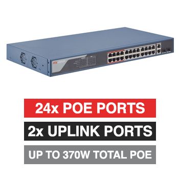 HIKVISION, 24 Port Smart Managed POE network switch, 24x 10/100Mbps PoE ports + 2x Gigabit RJ45 & 2x SFP Uplink ports (Shared), Max port output 30W power, Total POE power up to 370W