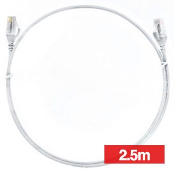 4CABLING, Slim Patch lead, Cat6 with RJ45 connectors, 2.5m cable length, White.