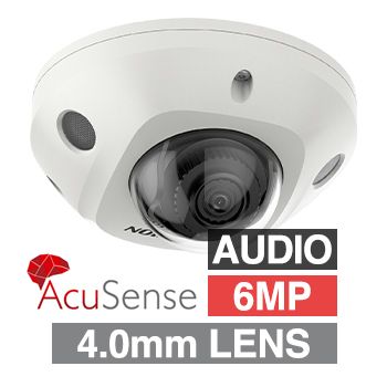HIKVISION, 6MP AcuSense G2 HD-IP outdoor Vandal Mini Dome camera w/ audio, White, 4.0mm fixed lens, 30m IR, WDR, Microphone, I/O (Alarm & Audio), 1/1.8” CMOS, H.265+, IP67, IK08, Tri-axis, 12V DC/POE