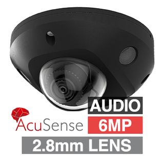 HIKVISION, 6MP HD-IP Outdoor Mini Dome with Acusense, Black with Mic, 2.8mm fixed lens, 30m IR, WDR, Day/Night, 1/3" CMOS, H.265/H.265+, IP67, IK08 Tri-axis, 12V DC/PoE