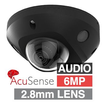 HIKVISION, 6MP AcuSense G2 HD-IP outdoor Vandal Mini Dome camera w/ audio, Black, 2.8mm fixed lens, 30m IR, WDR, Microphone, I/O (Alarm & Audio), 1/1.8” CMOS, H.265+, IP67, IK08, Tri-axis, 12V DC/POE