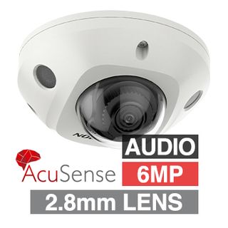 HIKVISION, 6MP HD-IP Outdoor Mini Dome with Acusense, White with Mic, 2.8mm fixed lens, 30m IR, WDR, Day/Night, 1/3" CMOS, H.265/H.265+, IP67, IK08 Tri-axis, 12V DC/PoE
