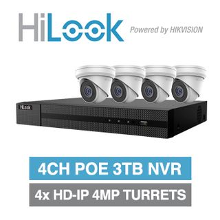 HILOOK SPECIAL, 4 channel HD-IP turret 4MP kit, Includes 1x NVR-104MH-C/4P-3T 4ch POE NVR w/ 3TB HDD & 4x IPC-T240H-M-2.8 4MP IP IR turret cameras w/ 2.8mm fixed lens