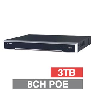 HIKVISION, HD-IP PoE NVR, 8 channel POE (IEEE 802.3af/at), 80Mbps bandwidth, 1x 3TB SATA HDD (2x 10TB max), VMD, Ethernet, 1x USB2.0 & 1x USB3.0, 1 Audio In/Out, HDMI/VGA