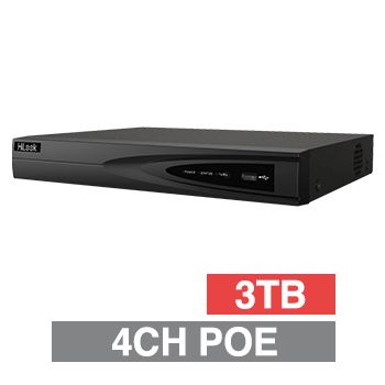 HILOOK, HD-IP PoE NVR, 4 channel POE (802.3af/at), 40Mbps bandwidth, 1x 3TB SATA HDD (up to 1x 6TB), 4K, VMD, USB/Network backup, Ethernet, 2x USB2.0, 1 Audio In/Out, HDMI/VGA (independent)