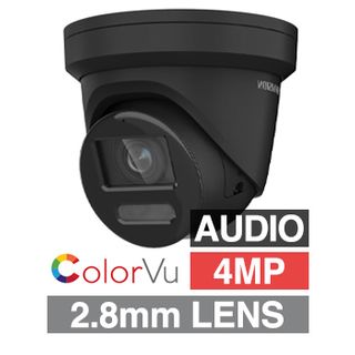 HIKVISION, 4MP ColorVu G2 HD-IP outdoor Turret camera w/ 2-way audio, strobe & audible alarm (LiveGuard), Black, 2.8mm fixed lens, 30m White LED, WDR, Microphone, I/O (Alarm & Audio), IP67, 12V DC/POE