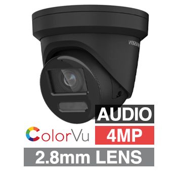 HIKVISION, 4MP ColorVu G2 HD-IP outdoor Turret camera w/ 2-way audio, strobe & audible alarm (LiveGuard), Black, 2.8mm fixed lens, 30m White LED, WDR, Microphone, I/O (Alarm & Audio), IP67, 12V DC/POE