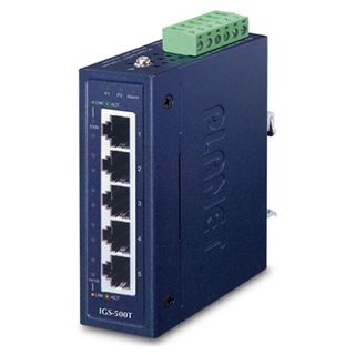 PLANET, 5 Port Industrial Gigabit switch, 5x 10/100/1000BASE-T ports, Hardened IP30 rated case, -40 - 75°C operating temperature, DIN rail or wall mount, 104(W) x 30(H) x 70(D)mm, 9-48V DC/24V AC