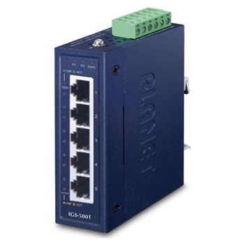 PLANET, 5 Port Industrial Gigabit switch, 5x 10/100/1000BASE-T ports, Hardened IP30 rated case, -40 - 75°C operating temperature, DIN rail or wall mount, 104(W) x 30(H) x 70(D)mm, 9-48V DC/24V AC