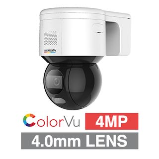HIKVISION, 4MP ColorVu G2 HD-IP outdoor PT (Pan/Tilt) camera w/ 2-way audio, White, 4.0mm fixed lens, 30m White LED, WDR, Microphone, I/O (Alarm & Audio), 350 degree pan, IP66, 12V DC/POE
