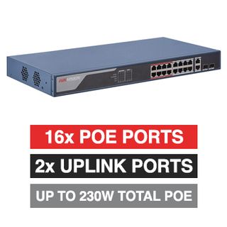 HIKVISION, 16 Port Ethernet POE Smart Managed network switch, 16x 10/100Mbps RJ45 ports + 2x Gigabit RJ45 & 2x SFP Uplink ports (Shared), Max port output 30W power, Total POE power up to 230W