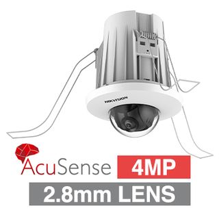 HIKVISION, 4MP AcuSense G2 HD-IP indoor In-ceiling Mini Dome camera w/ audio, Recessed/Flush mount, White or Black, 2.8mm fixed lens, WDR, Microphone, 1/3” CMOS, H.265+, 12V DC/POE