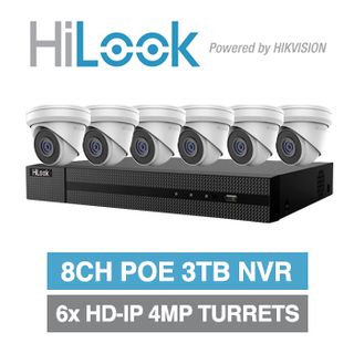 HILOOK SPECIAL, 8 channel HD-IP turret 4MP kit, Includes 1x NVR-108MH-C/8P-3T 8ch POE NVR w/ 3TB HDD & 6x IPC-T240H-M-2.8 4MP IP IR turret cameras w/ 2.8mm fixed lens