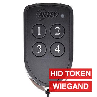 AIRKEY, Four channel transmitter with integrated HID token, 26 bit Wiegand, Maximum security, 64 bit rolling key encription, IP65 rated, Chrome plated die cast case.