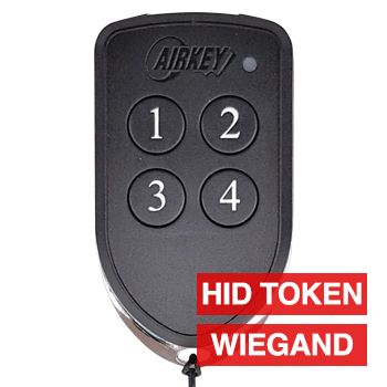 AIRKEY, Four channel transmitter with integrated HID token, 26 bit Wiegand, Maximum security, 64 bit rolling key encription, IP65 rated, Chrome plated die cast case.